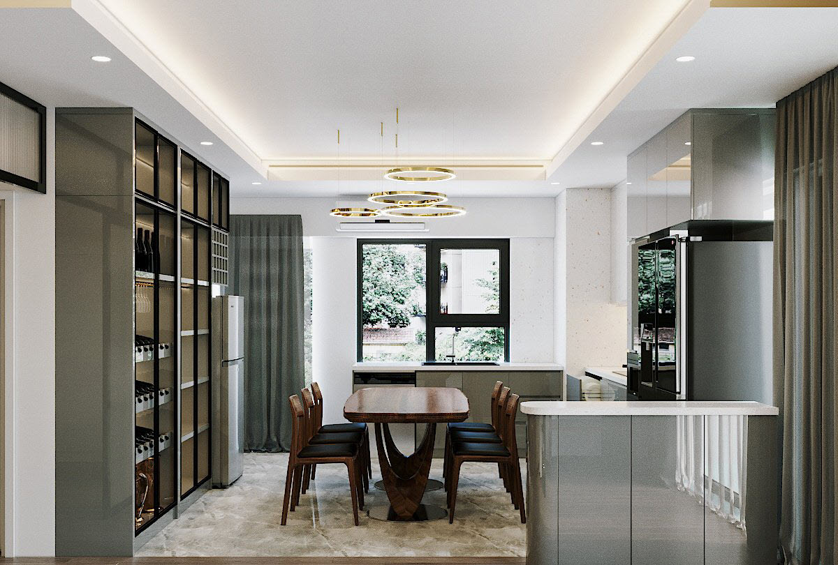 Ngay dưới bộ đèn chùm sang trọng là bàn ghế ăn bằng gỗ màu nâu sẫm, góp phần gia tăng sự ấm cúng, gần gũi cho các thành viên gia đình khi dùng bữa. Cửa sổ kính mở ra khoảng xanh dịu mát, tạo cảm giác thư giãn, dễ chịu.