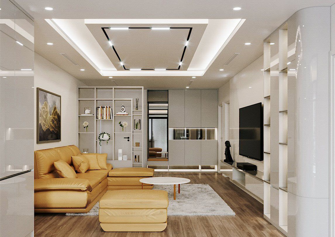 Phòng khách căn hộ 120m2 hút mắt với bộ ghế sofa màu vàng bơ tinh tế tạo điểm nhấn nổi bật trên phông nền trung tính chủ đạo.