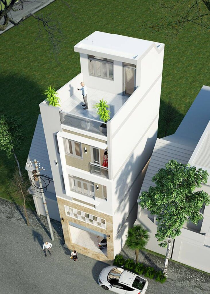 Phối cảnh 3D mẫu nhà ống 3 tầng 1 tum phong cách hiện đại, được xây dựng phổ biến tại các đô thị, thành phố lớn hiện nay.