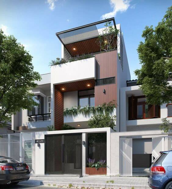 Phối cảnh mẫu nhà phố 2 tầng 1 tum đẹp, hài hòa với thiên nhiên