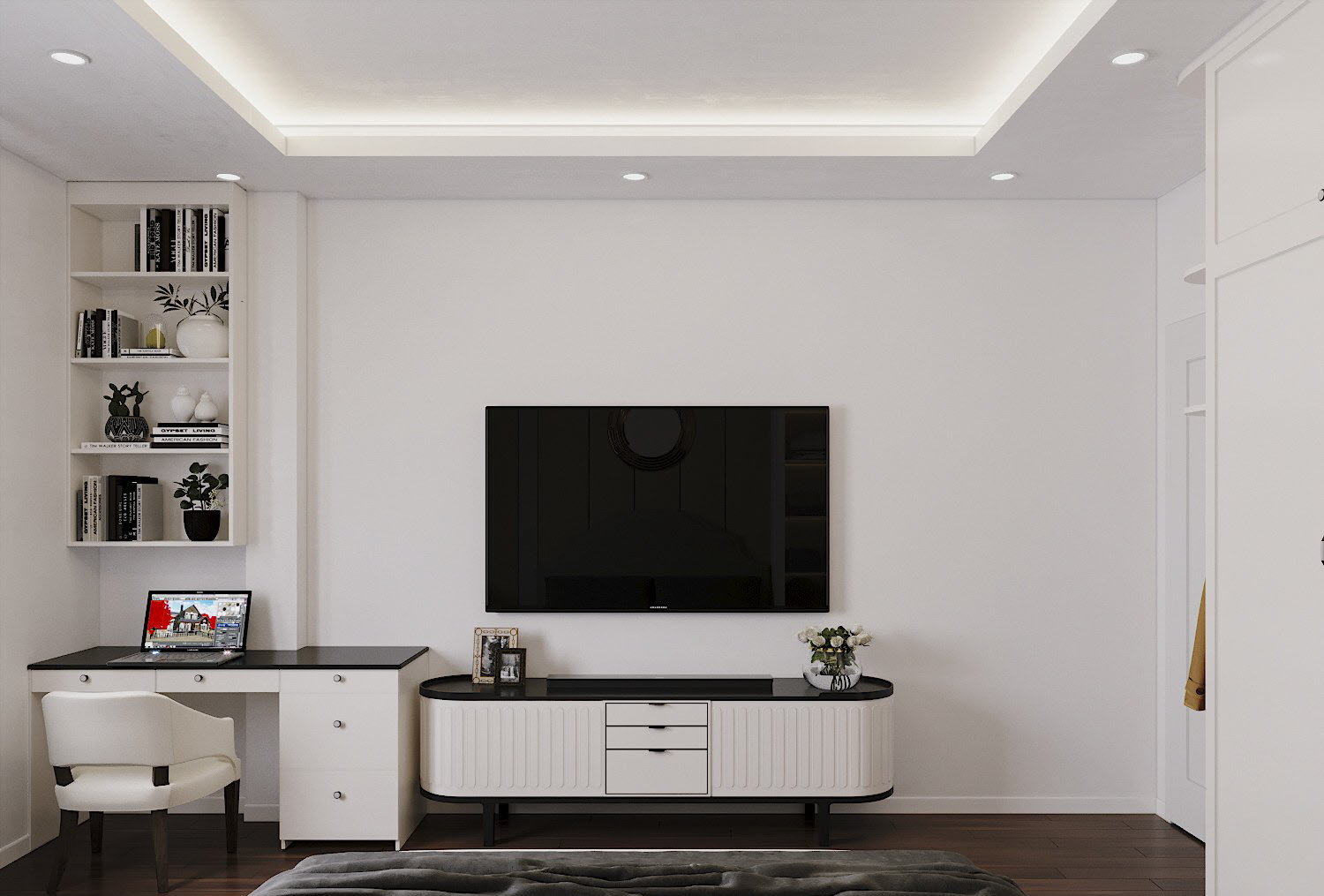 Phòng ngủ của người lớn trong nhà phố 3 tầng đều được trang bị tủ kệ tivi hiện đại.