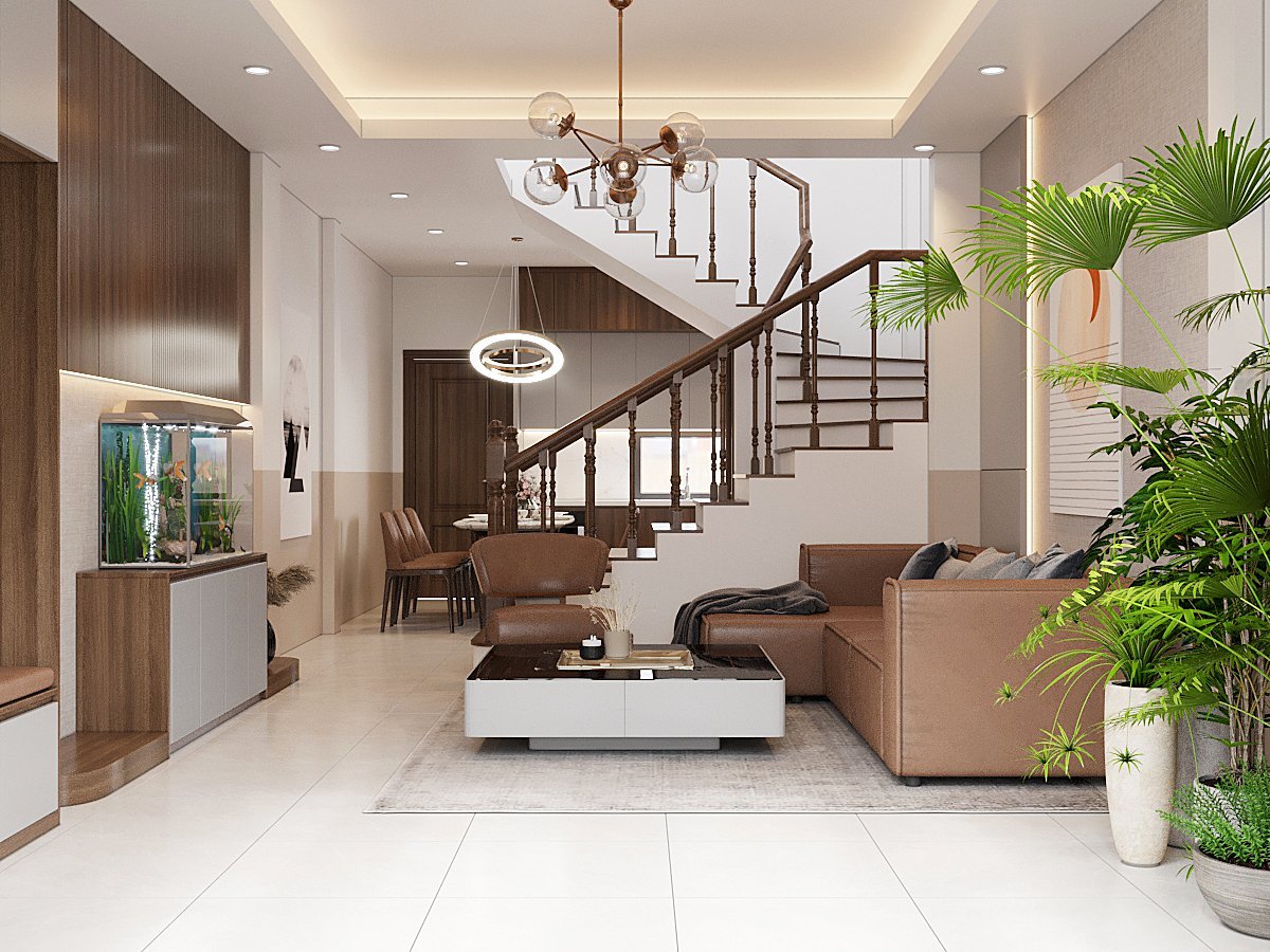 Cầu thang dẫn lối lên tầng trên nhà phố tạo sự phân tách, riêng tư tương đối giữa không gian tiếp khách với khu vực bếp nấu và phòng ăn bên trong.