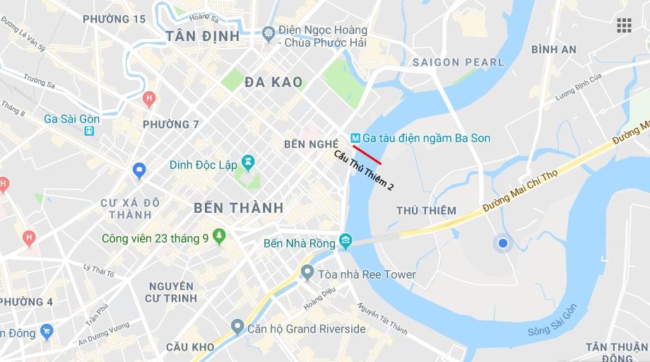 vị trí cầu Thủ Thiêm 2 trên Google Map