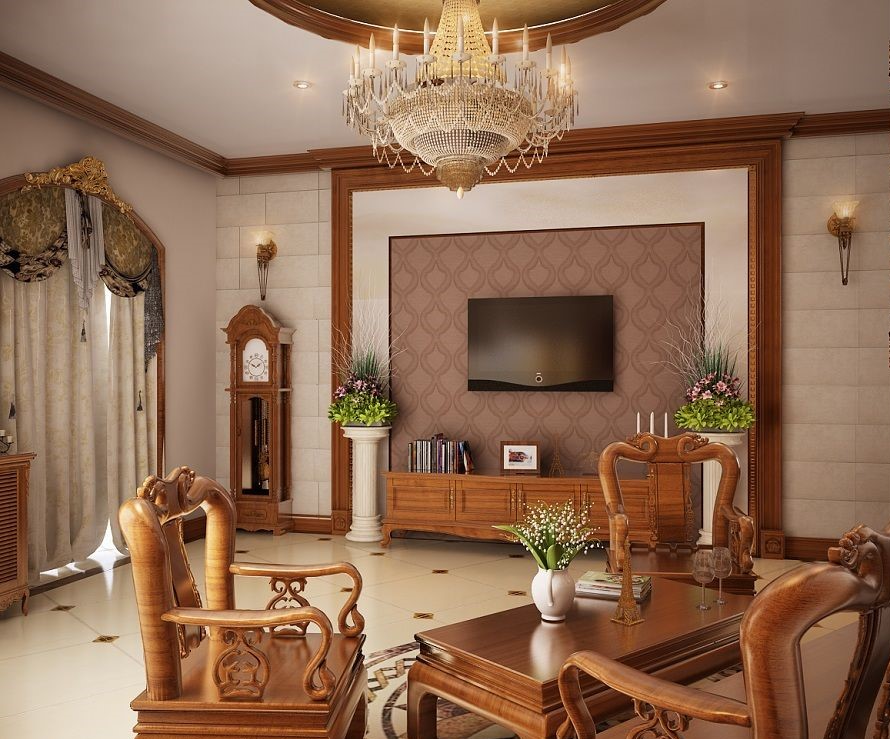 h&igrave;nh ảnh to&agrave;n cảnh ph&ograve;ng kh&aacute;ch với bộ ghế sofa gỗ chạm khắc tinh xảo, kệ tivi, đ&egrave;n ch&ugrave;m pha l&ecirc; sang trọng