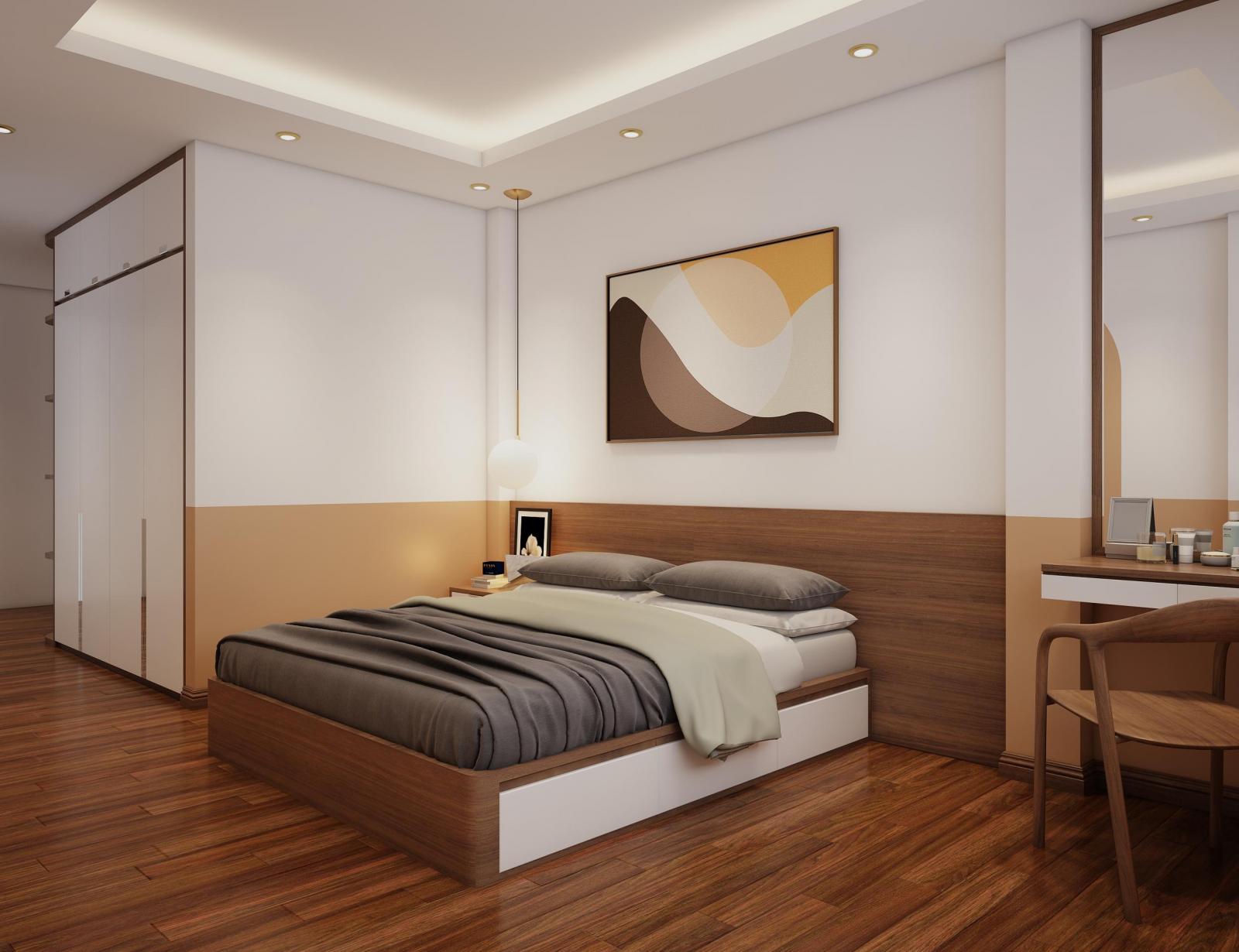 Tranh nghệ thuật treo tường với bảng màu, họa tiết hài hòa với phông nền chung của phòng ngủ chính, tạo điểm nhấn tinh tế, hút mắt.