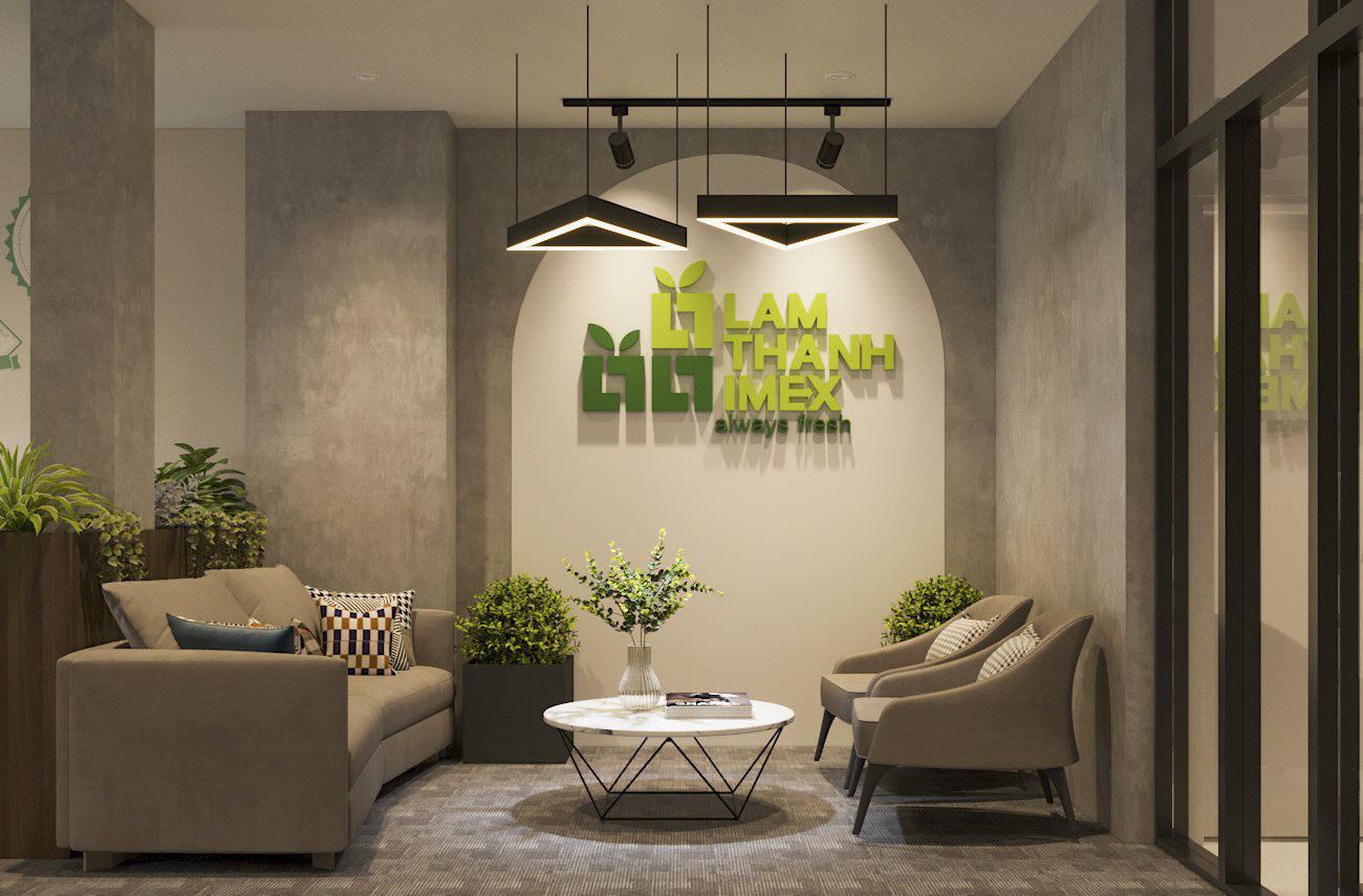 ph&ograve;ng tiếp kh&aacute;ch m&agrave;u x&aacute;m b&ecirc; t&ocirc;ng chủ đạo, nhiều chậu c&acirc;y xanh, logo thương hiệu m&agrave;u xanh l&aacute; c&acirc;y nhẹ nh&agrave;ng