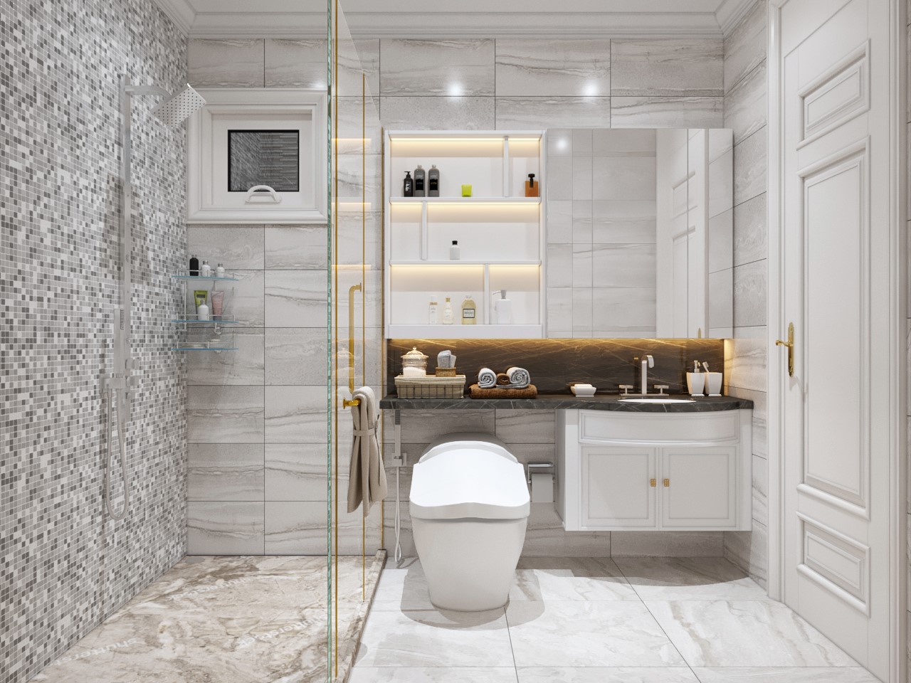 Ph&ograve;ng tắm - vệ sinh nh&agrave; ống 3 tầng 1 tum được ph&acirc;n t&aacute;ch l&agrave;m 2 khu vực chức năng bởi v&aacute;ch k&iacute;nh trong suốt, đảm bảo sự kh&ocirc; tho&aacute;ng, sạch sẽ.