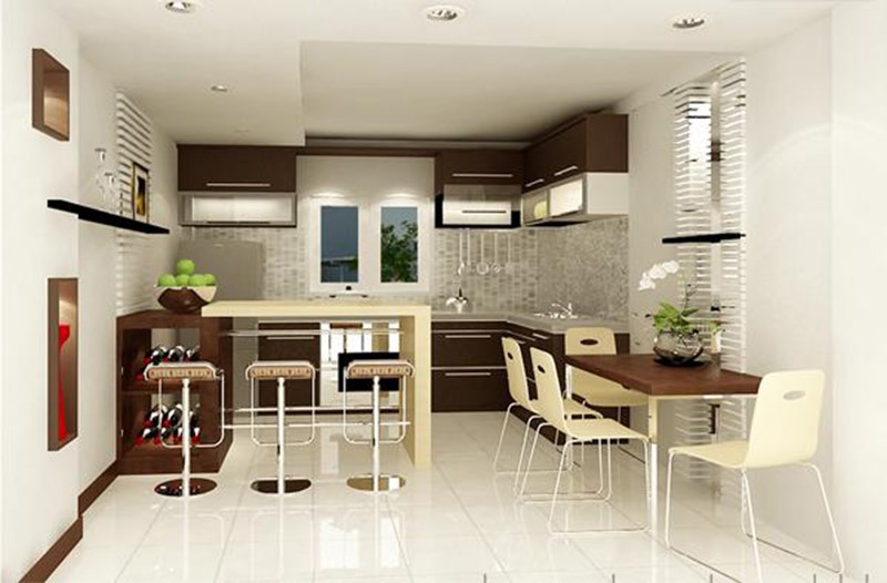 Ph&ograve;ng bếp kết hợp kh&ocirc;ng gian ăn uống, bar mini phong c&aacute;ch. Cửa sổ k&iacute;nh mở ra ngo&agrave;i gi&uacute;p đ&oacute;n s&aacute;ng tự nhi&ecirc;n v&agrave; đối lưu kh&ocirc;ng kh&iacute; tốt.