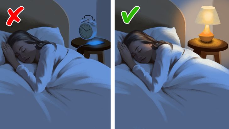 hình ảnh minh họa cho việc không nên đặt đồng hồ báo thức, điện thoại trong phòng ngủ