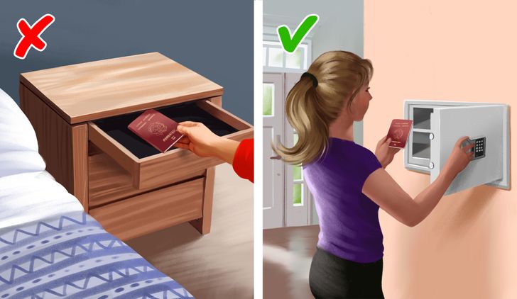hình ảnh hộ chiếu để trong tủ ngăn kéo đầu giường và trong két sắt an toàn