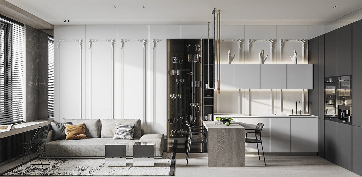 Ph&ograve;ng kh&aacute;ch căn hộ 48m2 phong c&aacute;ch t&acirc;n cổ điển thanh lịch với t&ocirc;ng m&agrave;u đen - x&aacute;m kết hợp h&agrave;i h&ograve;a. &Aacute;nh s&aacute;ng tự nhi&ecirc;n chan h&ograve;a l&agrave;m ấm kh&ocirc;ng gian.