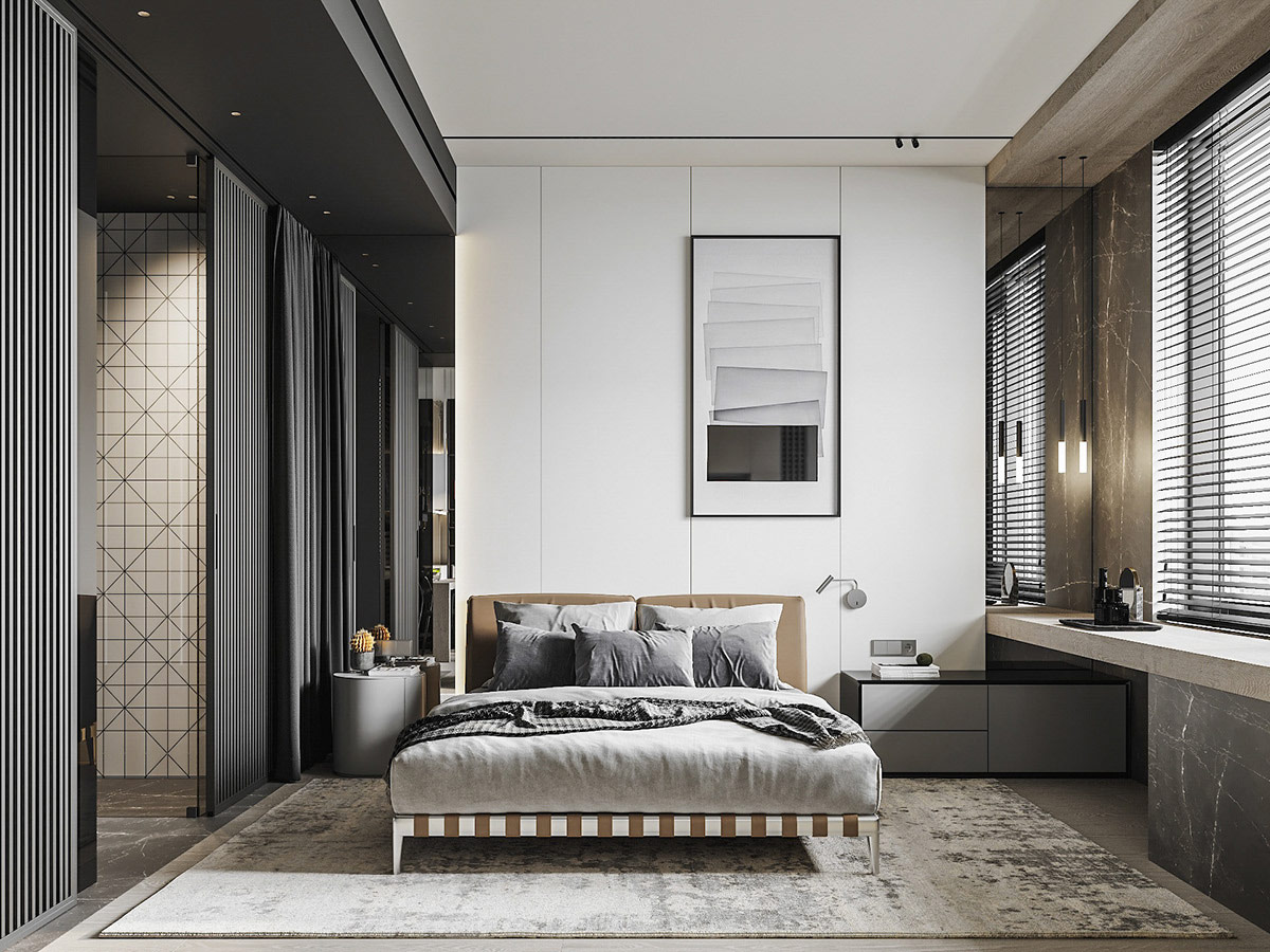 Trong căn hộ 48m2, ph&ograve;ng ngủ kh&aacute; rộng r&atilde;i với &aacute;nh s&aacute;ng tự nhi&ecirc;n ngập tr&agrave;n, gi&uacute;p t&ocirc;n l&ecirc;n vẻ đẹp của đường n&eacute;t nội thất t&acirc;n cổ điển.