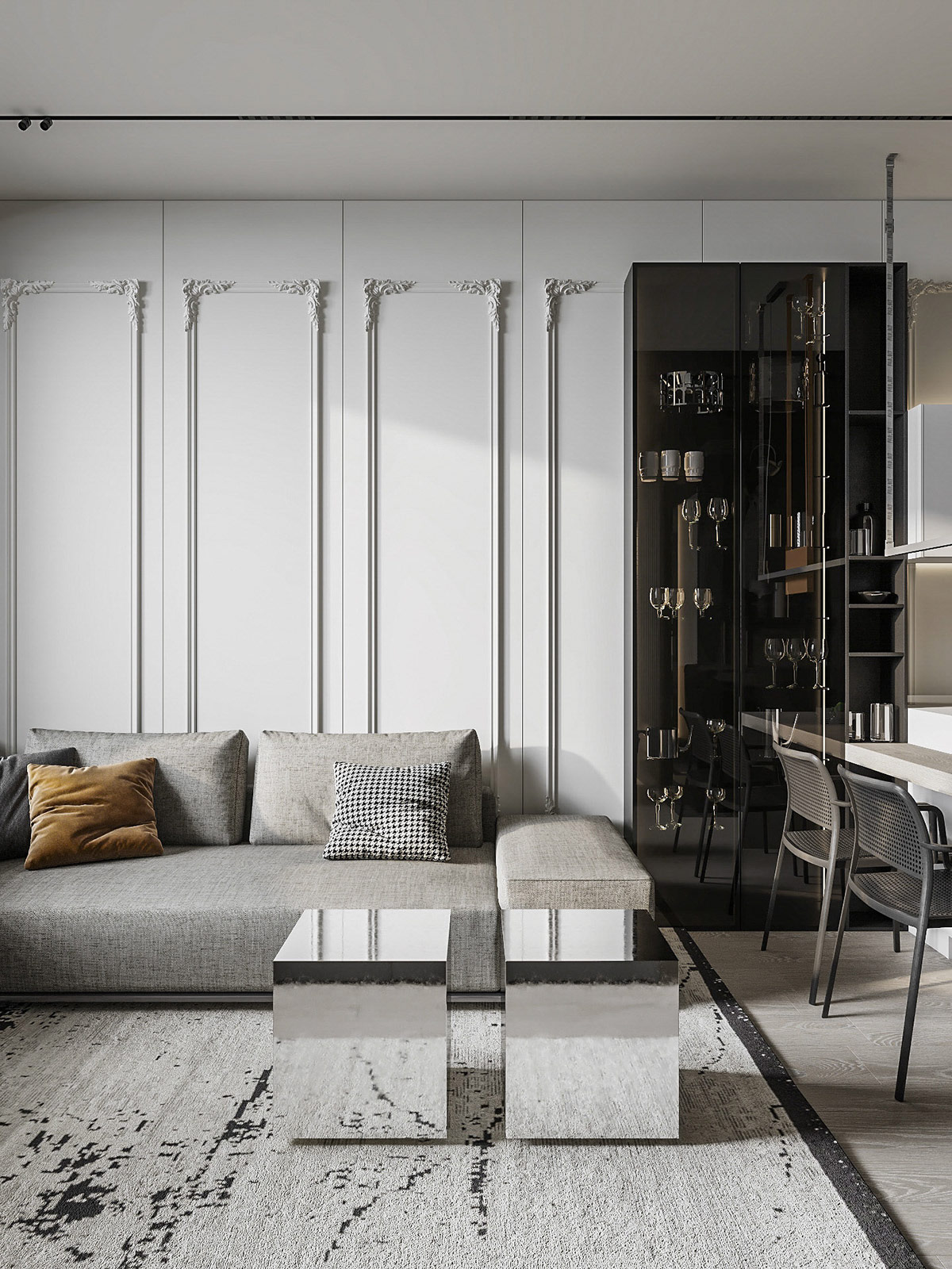 h&igrave;nh ảnh ph&ograve;ng kh&aacute;ch m&agrave;u x&aacute;m chủ đạo với ghế sofa x&aacute;m, b&agrave;n tr&agrave; đ&ocirc;i c&oacute; bề mặt s&aacute;ng b&oacute;ng, phản chiếu &aacute;nh s&aacute;ng tự nhi&ecirc;n