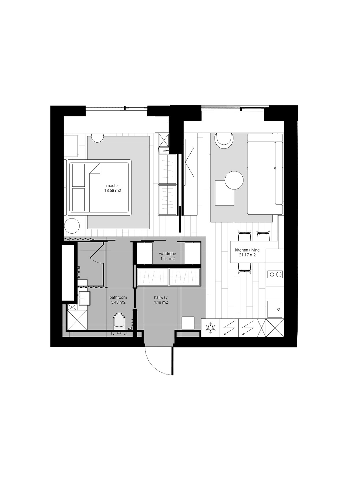 Mặt bằng bố tr&iacute; nội thất căn hộ 48m2