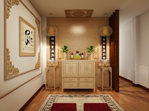 Phòng thờ sử dụng nội thất gỗ sáng màu, tạo cảm giác ấm áp.