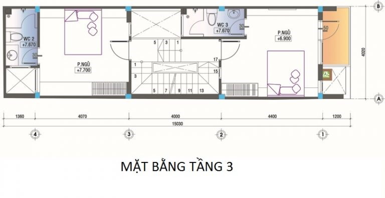 Mặt bằng bố trí nội thất tầng 3 nhà ống