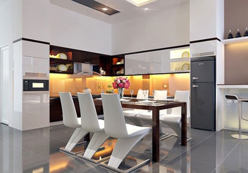Không gian bếp ăn thoáng rộng, tích hợp bar mini giúp tăng tiên ích sử dụng.