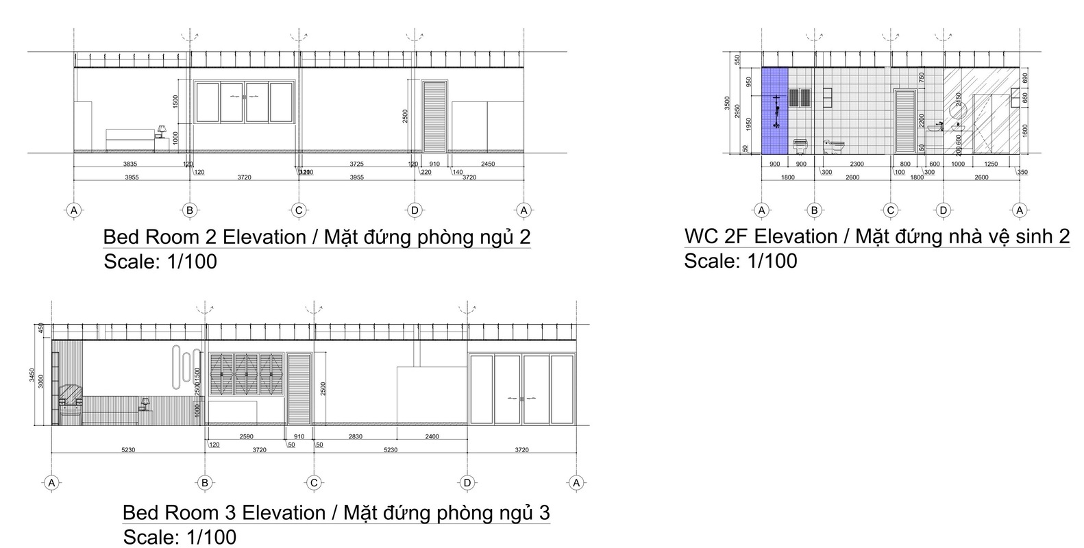 Mặt cắt đứng các phòng ngủ, phòng vệ sinh