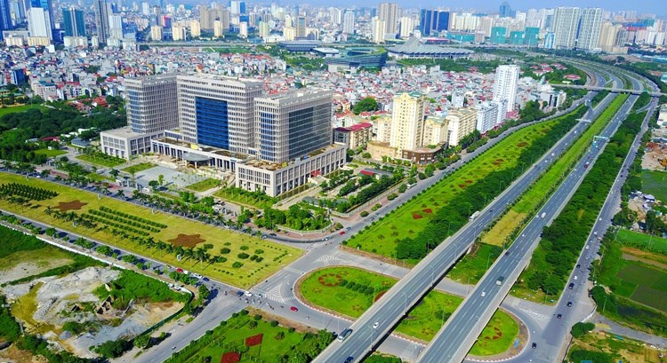 một góc TP. Hà Nội nhìn từ trên cao với nhà cao tầng, cây xanh, đường lớn