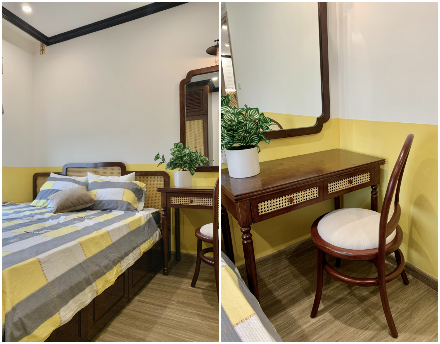 Bàn phấn nhỏ xinh cạnh đầu giường. Gương lớn bố trí khéo léo để vừa tạo cảm giác rộng thoáng hơn về mặt thị giác, vừa đảm bảo yếu tố phong thủy.