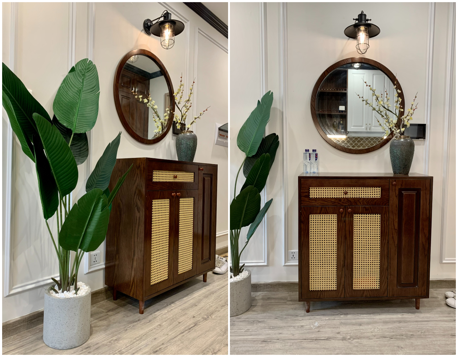 Lối vào căn hộ nhỏ đẹp được decor đơn giản mà tinh tế với tủ giày gỗ cửa đan thông thoáng, chậu cảnh xanh mướt và gương tròn mềm mại.