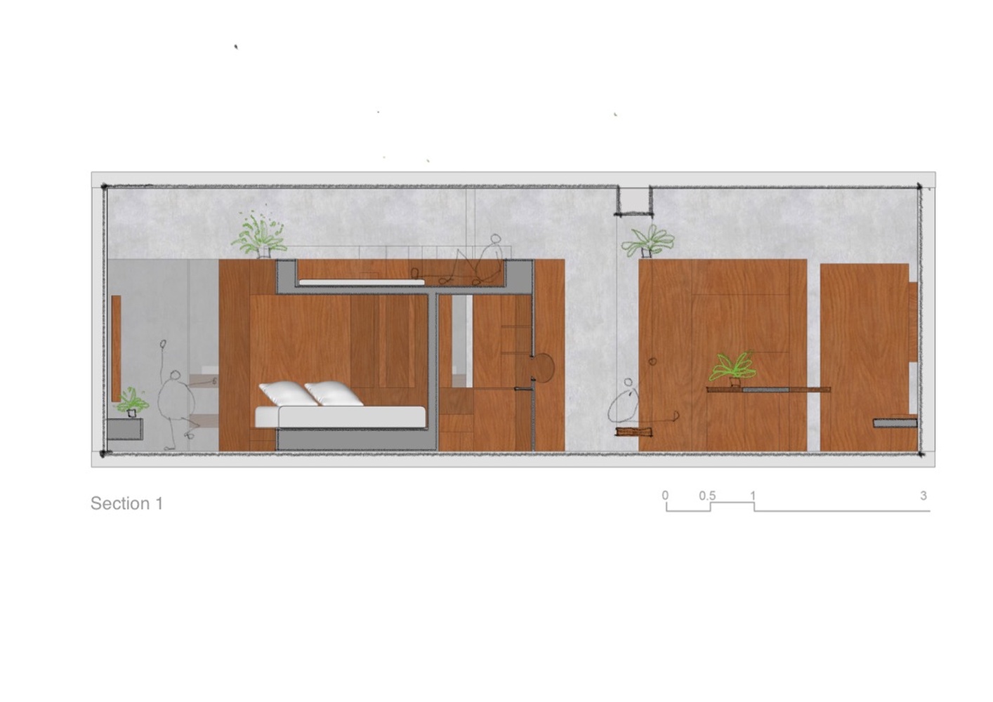 Mặt cắt bố tr&iacute; nội thất căn hộ 68m2 - g&oacute;c 1