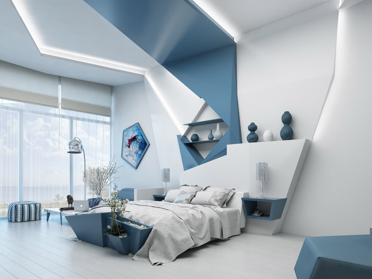 Ph&ograve;ng ngủ ấn tượng với nội thất h&igrave;nh khối đi&ecirc;u khắc sắp xếp ngẫu hứng. T&ocirc;ng m&agrave;u trắng, xanh dương kết hợp h&agrave;i h&ograve;a l&agrave; lựa chọn ho&agrave;n hảo trong m&ugrave;a h&egrave; n&agrave;y.