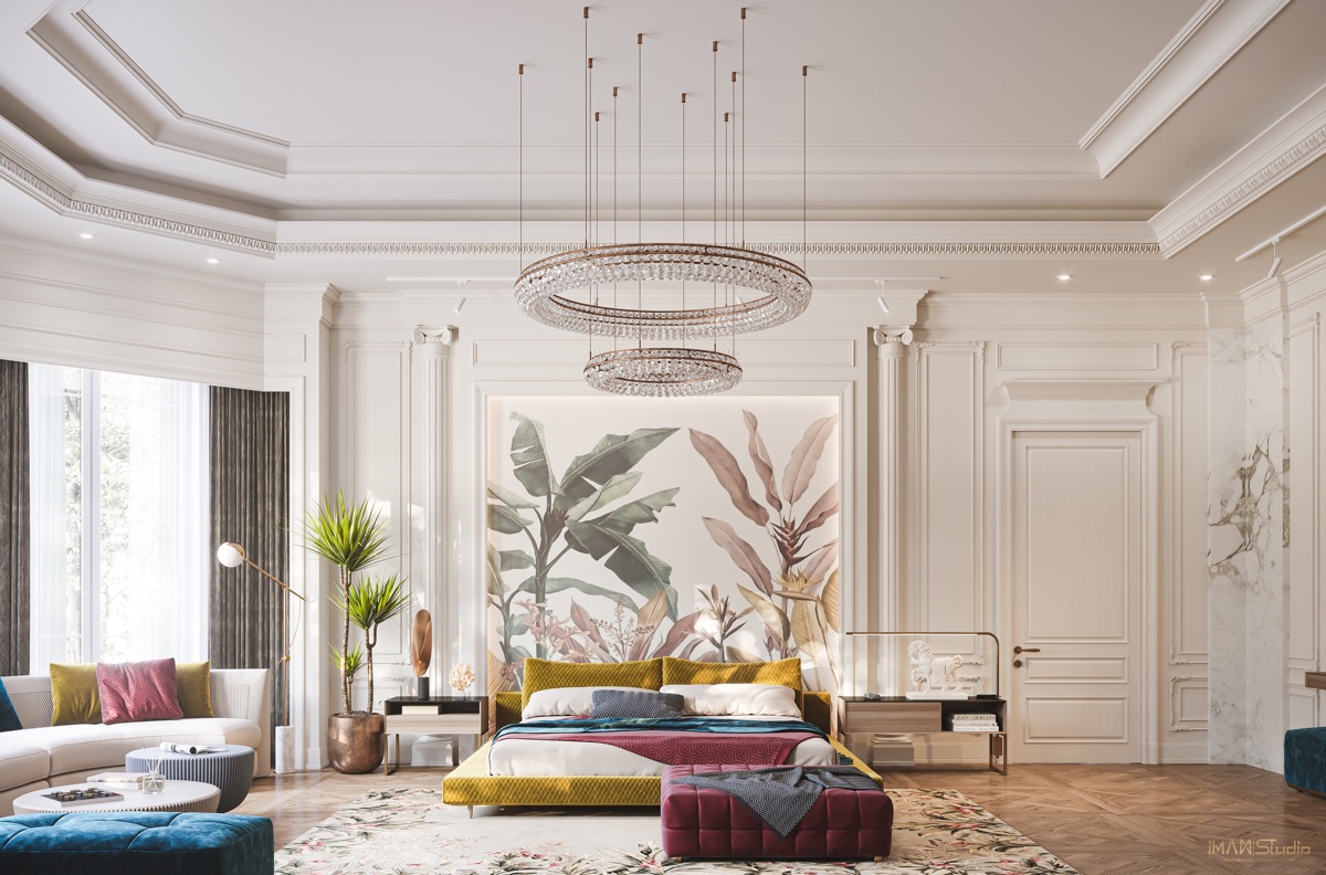 Ph&ograve;ng ngủ rộng r&atilde;i với &aacute;nh s&aacute;ng tự nhi&ecirc;n ngập tr&agrave;n. Bức tranh phong c&aacute;ch nhiệt đới trở th&agrave;nh t&acirc;m điểm, h&uacute;t mọi &aacute;nh nh&igrave;n.