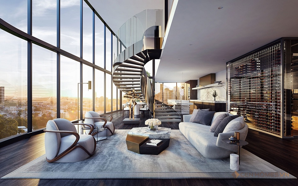 hình ảnh không gian bên trong căn Penthouse với thiết kế thông tầng, tường kính trong suốt, cầu thang xoắn ốc độc đáo