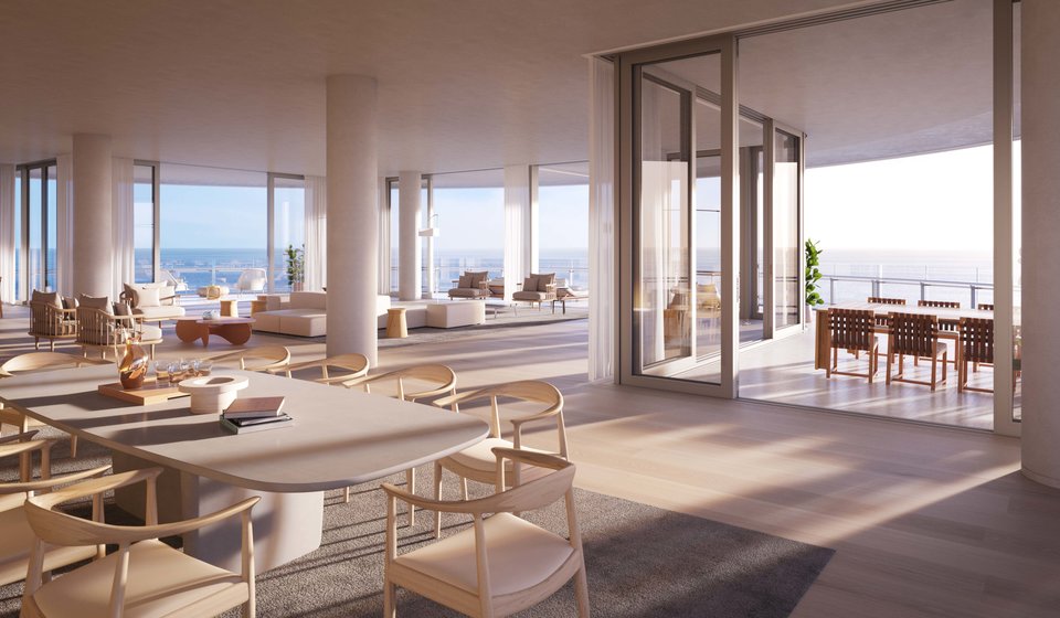 hình ảnh toàn cảnh phòng khách, phòng ăn, phòng sinh hoạt chung thông nhau trong căn penthouse hơn 2.000m2