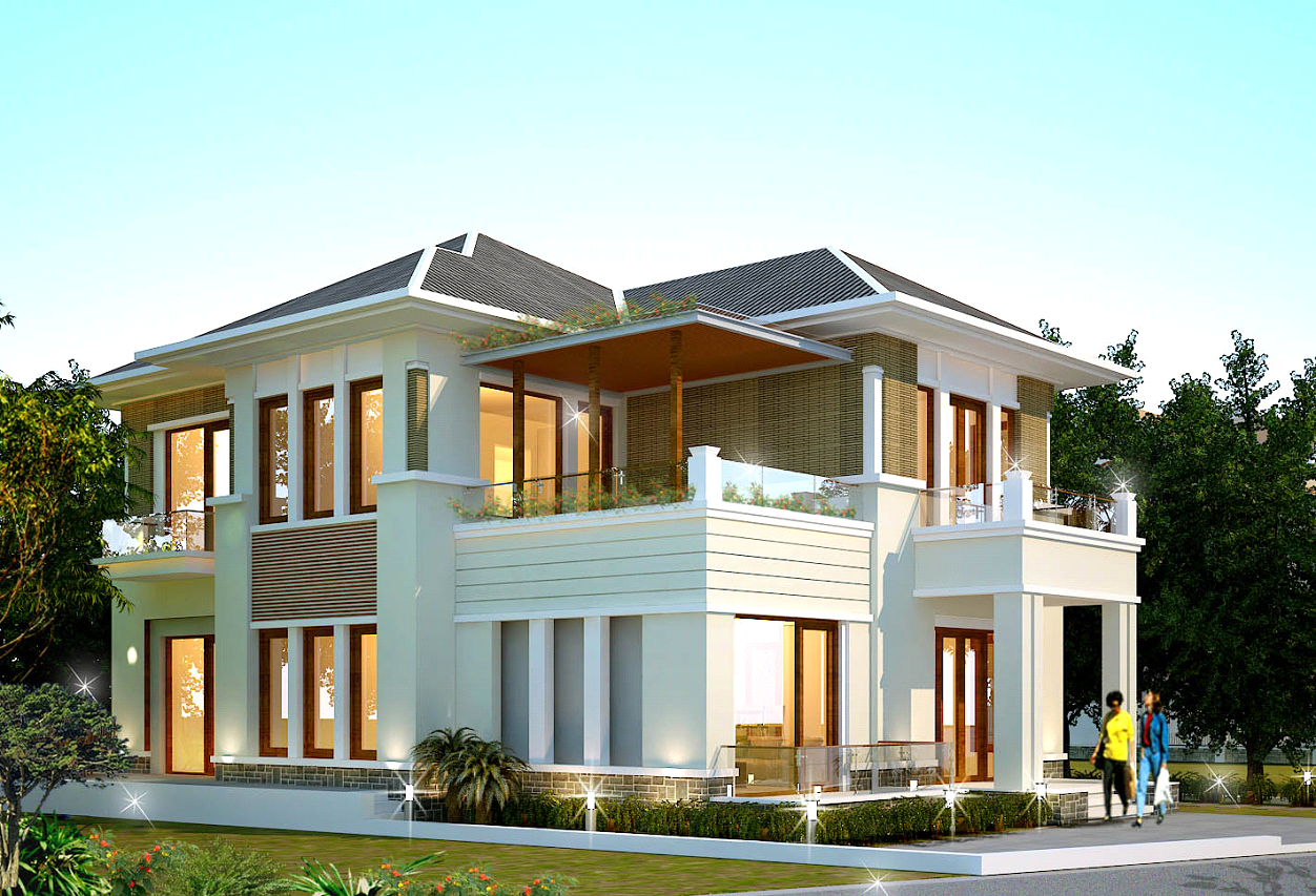 Mẫu biệt thự đẹp 2 tầng phong cách mái Thái hiện đại.
