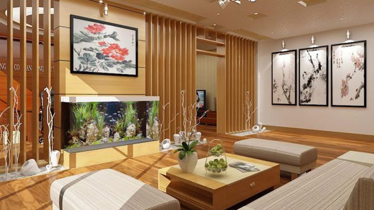 ph&ograve;ng kh&aacute;ch với lam gỗ, s&agrave;n gỗ, tranh tường trang tr&iacute; phong c&aacute;ch &Aacute; Đ&ocirc;ng