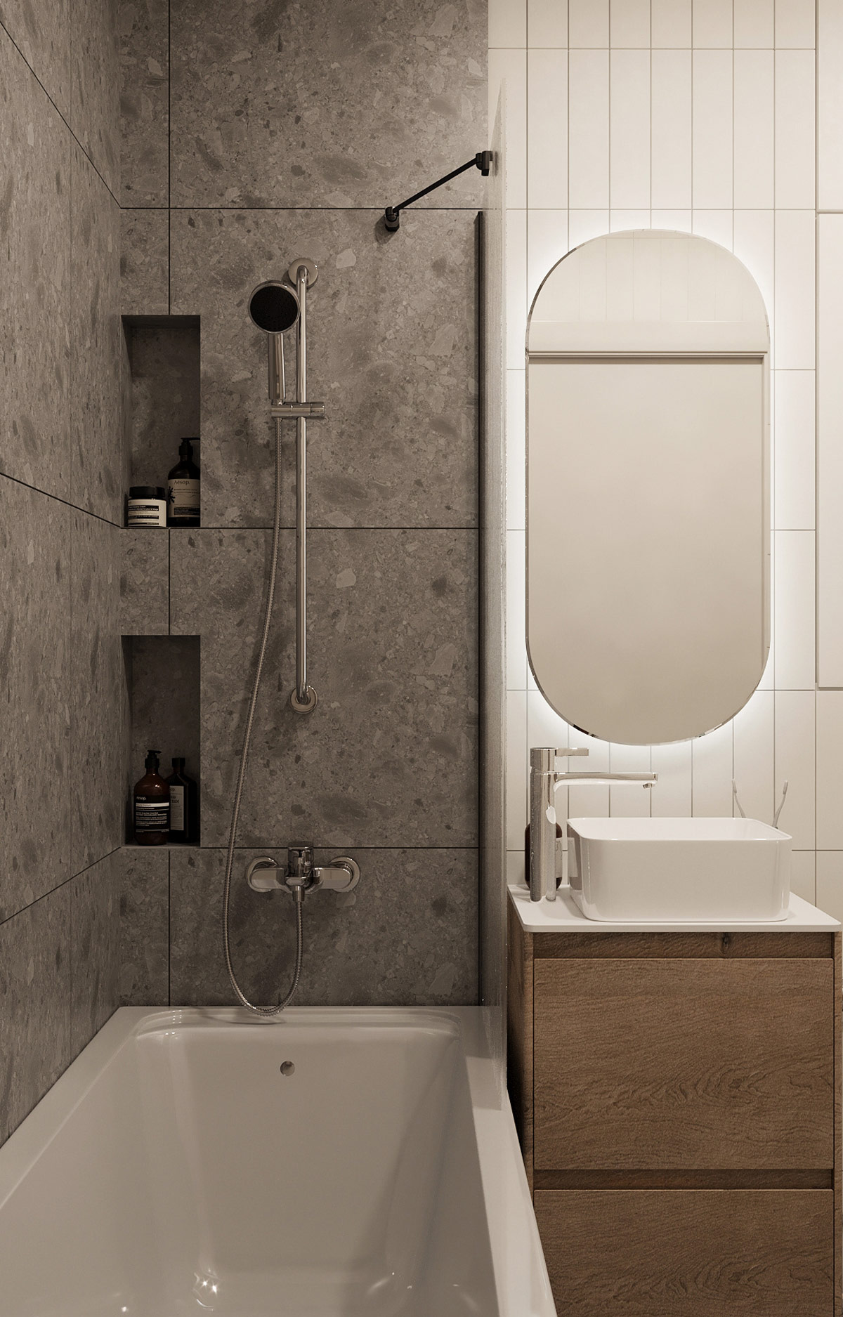 Gạch đ&aacute; granite bao phủ s&agrave;n v&agrave; tường ph&ograve;ng tắm căn hộ tho&aacute;ng sạch.
