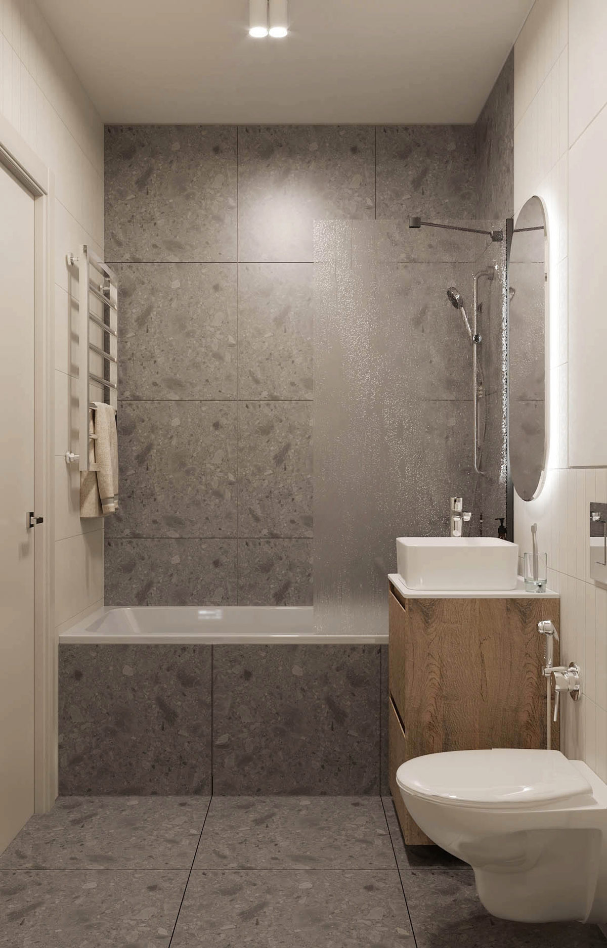 h&igrave;nh ảnh to&agrave;n cảnh ph&ograve;ng tắm với bồn tắm sứ, v&ograve;i sen, tường v&agrave; s&agrave;n ốp gạch granite m&agrave;u x&aacute;m