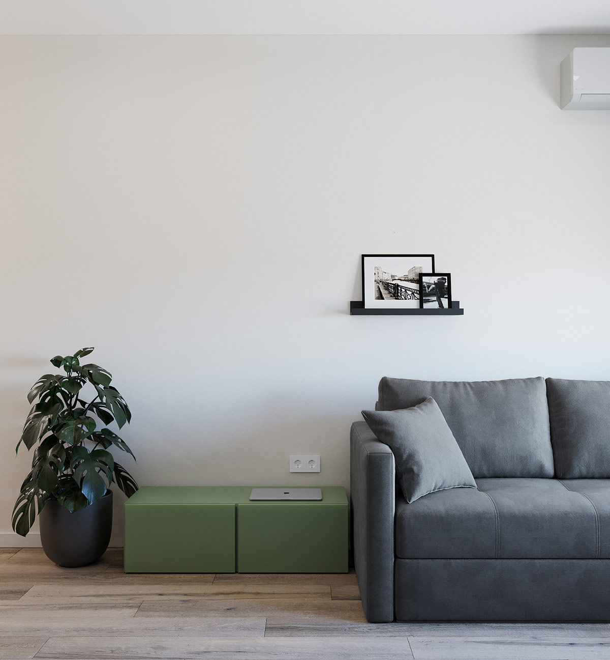 Cạnh ghế sofa m&agrave;u x&aacute;m thanh lịch l&agrave; kệ ngồi m&agrave;u xanh l&aacute; m&aacute;t mắt - nơi đặt m&aacute;y vi t&iacute;nh, tạp ch&iacute; hoặc bộ sạc điện thoại.