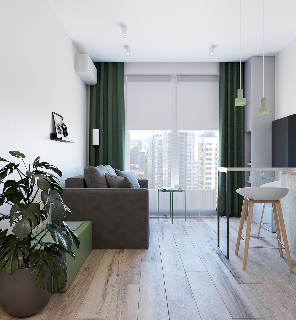 h&igrave;nh ảnh to&agrave;n cảnh ph&ograve;ng kh&aacute;ch với chậu cảnh xanh tốt, b&agrave;n tr&agrave; m&agrave;u xanh l&aacute;, sofa x&aacute;m, r&egrave;m cửa xanh l&aacute;, cửa k&iacute;nh lớn