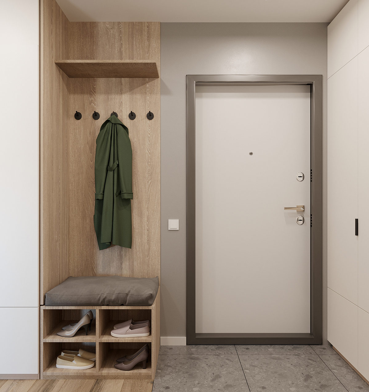 Ở khu vực lối v&agrave;o căn hộ 39m2, kiến tr&uacute;c sư bố tr&iacute; băng ghế l&oacute;t đệm vừa đủ một người ngồi, b&ecirc;n dưới l&agrave; kệ lưu trữ gi&agrave;y d&eacute;p gọn xinh.