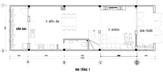 Mặt bằng bố tr&iacute; nội thất tầng 1 nh&agrave; ống hiện đại