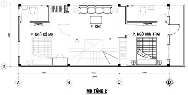 Mặt bằng bố tr&iacute; nội thất tầng 2 nh&agrave; ống