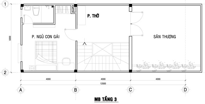 Mặt bằng bố tr&iacute; nội thất tầng 3 nh&agrave; ống