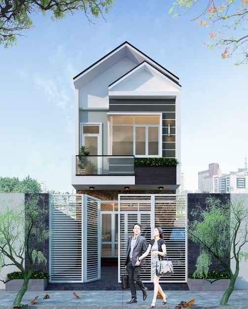 Phối cảnh 3D mẫu nh&agrave; ống 2 tầng 4 ph&ograve;ng ngủ phong c&aacute;ch hiện đại