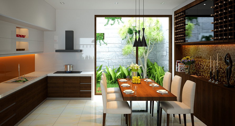 Ph&ograve;ng bếp kết hợp ph&ograve;ng ăn ấm c&uacute;ng, tiện nghi với bộ b&agrave;n ăn 6 ghế sang trọng. Khung cửa lớn mở ra s&acirc;n sau gi&uacute;p kh&ocirc;ng gian nấu nướng lu&ocirc;n tho&aacute;ng đ&atilde;ng, kh&ocirc;ng bị b&aacute;m m&ugrave;i.