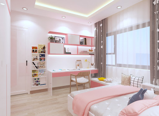Ph&ograve;ng ngủ t&iacute;ch hợp g&oacute;c học tập tiện nghi cho b&eacute; g&aacute;i. Ghế ngồi b&ecirc;n cửa sổ ngập tr&agrave;n &aacute;nh s&aacute;ng, nơi trẻ đọc s&aacute;ch, thư gi&atilde;n.