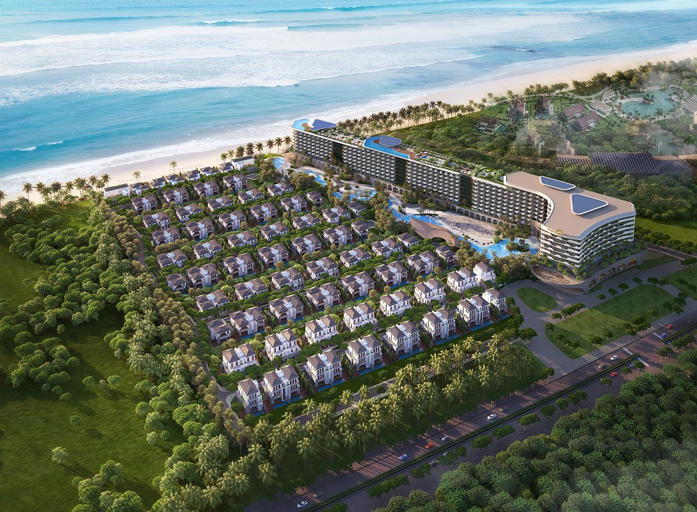 dự án nghỉ dưỡng nằm ven biển, có nhiều cây xanh