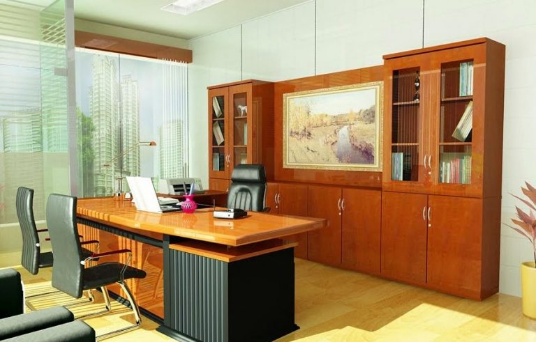 h&igrave;nh ảnh ph&ograve;ng l&agrave;m việc với b&agrave;n gỗ, tủ gỗ minh họa cho phong thủy b&agrave;n l&agrave;m việc cho người mệnh Hỏa