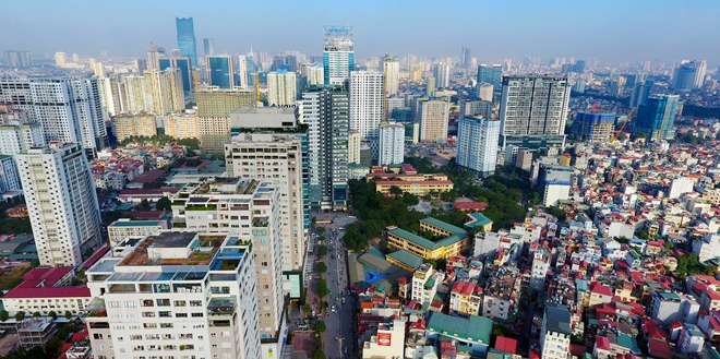 hình ảnh một góc TP. Hà Nội với nhiều chung cư cao tầng dày đặc