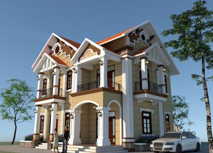 Phối cảnh 3D mẫu biệt thự 2 tầng phong cách tân cổ điển