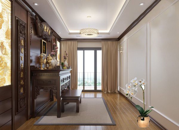 Không gian phòng thờ thoáng đãng, nhiều ánh sáng tự nhiên.