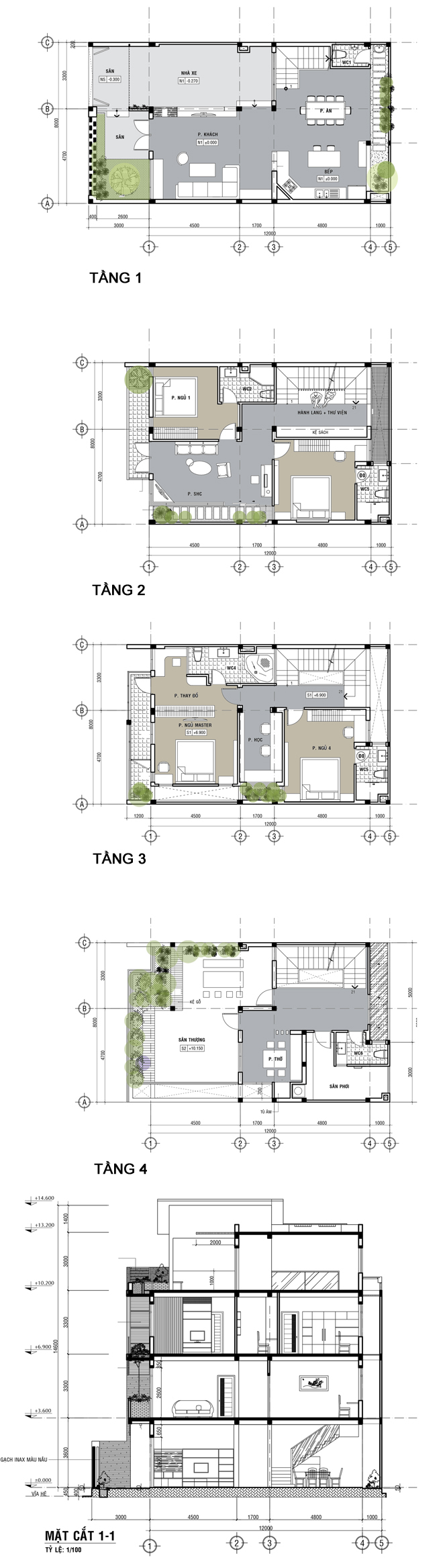 Bản vẽ thiết kế nhà phố 4 tầng