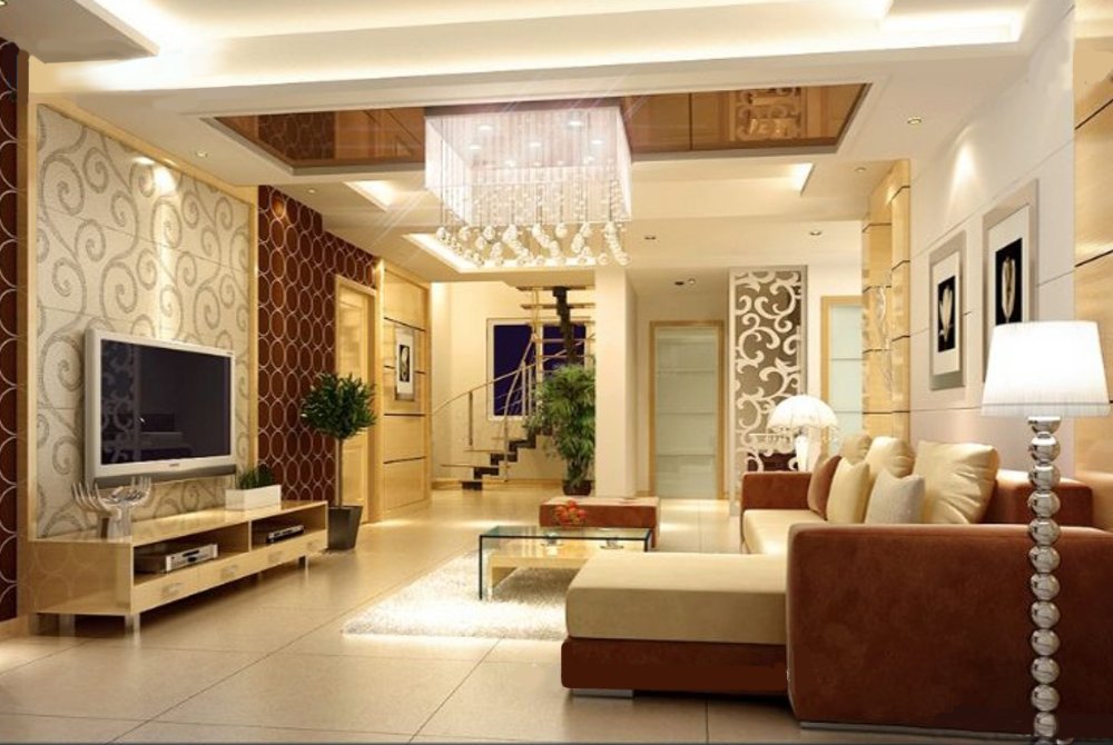 Phòng khách nhà ống được bài trí gọn gàng, thoáng đẹp với bộ ghế sofa màu nâu - trắng ngà kết hợp hài hòa. Đèn chùm lớn tạo điểm nhấn sang trọng.